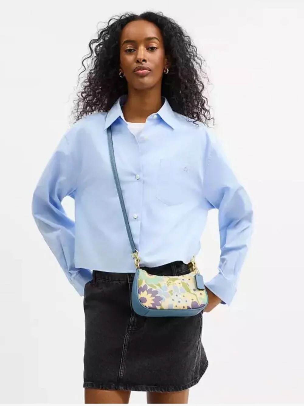 COACH teri mini crossbody bag with floral print. gold/blue bell multi.